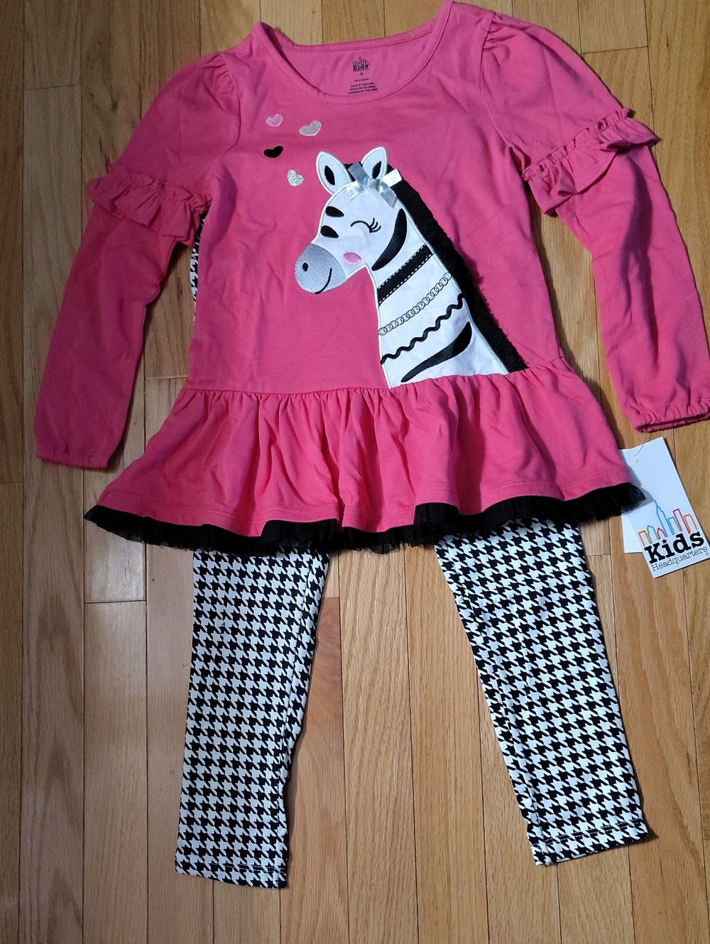 Kids Headquarters Pink Zebra Peplum Top & Black-and-White Houndstooth Leggings